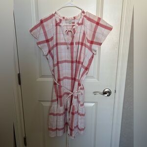 LOFT White and Pink Plaid Tie-Neck Blouse